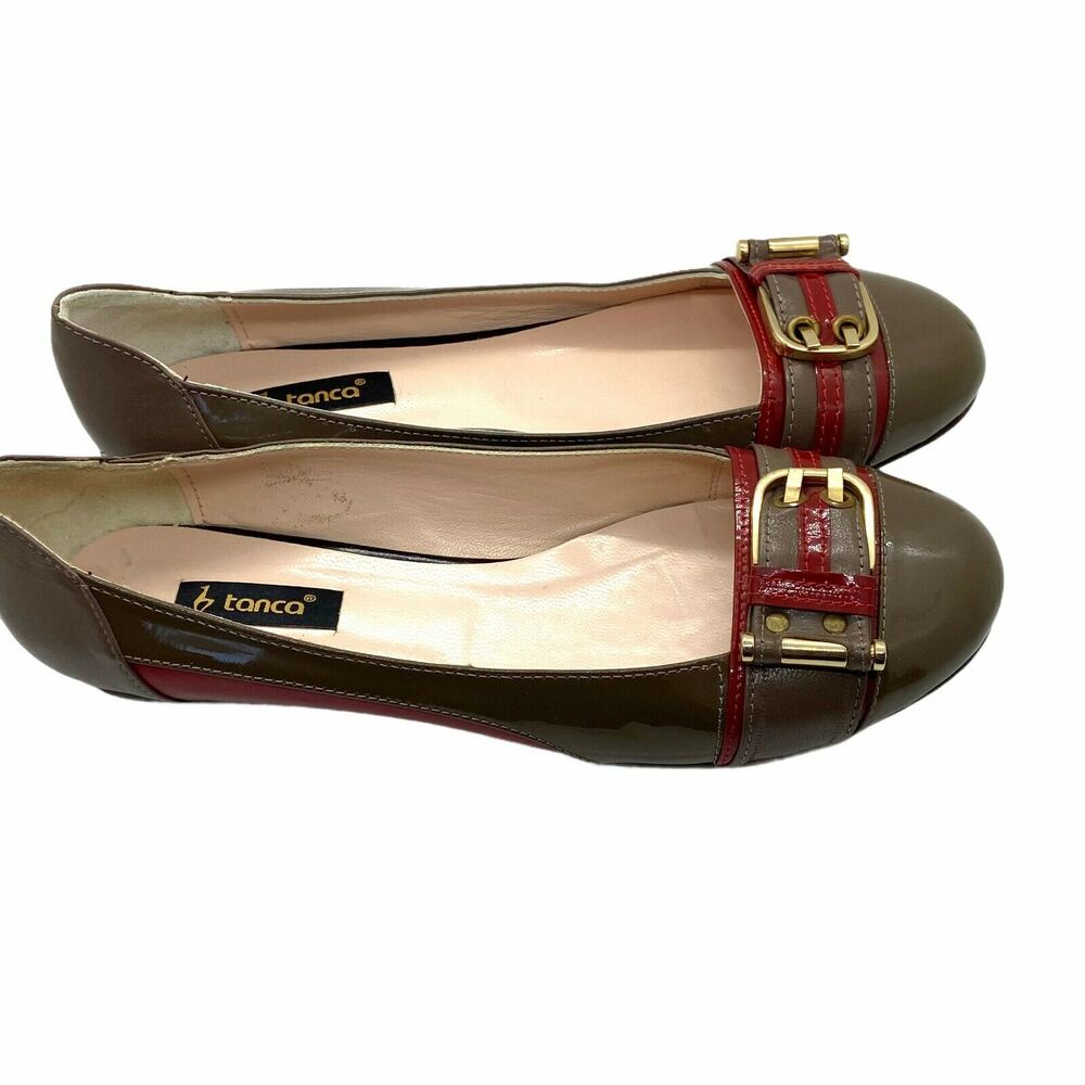 Tanca Ballet Flats Preppy Retro Women's Taupe Red Gold Slip On Round Toe Size 40